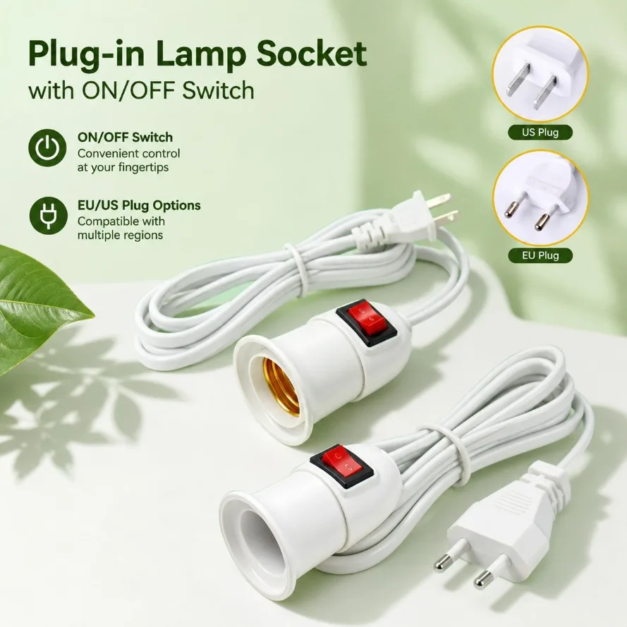 2/3/5M E27 Lamp Holder Cord On‑Off Switch EU US Plug Portable Extension Cable Socket Home Warehouse Outdoor Lighting