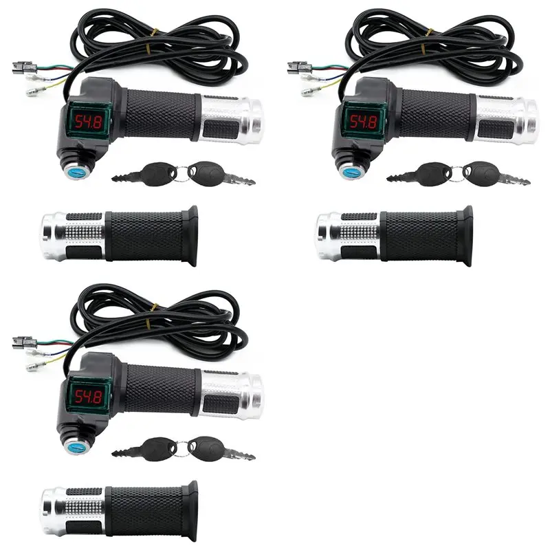 

A51Q-3Pair Electric Bicycle Throttle Grip With LCD Battery Voltage Display Key Knock, Universal Electric Bike Throttle Grip