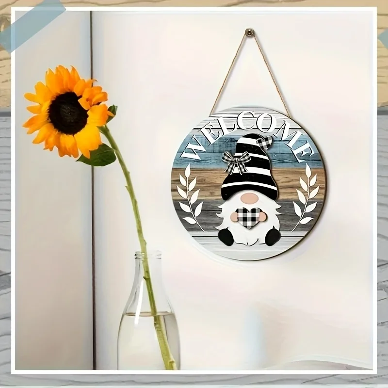 Interchangeable Seasonal Welcome Sign, Wooden Hanging Plaque with Gnome and Holiday Hat Decor,  for Christmas Halloween Easter