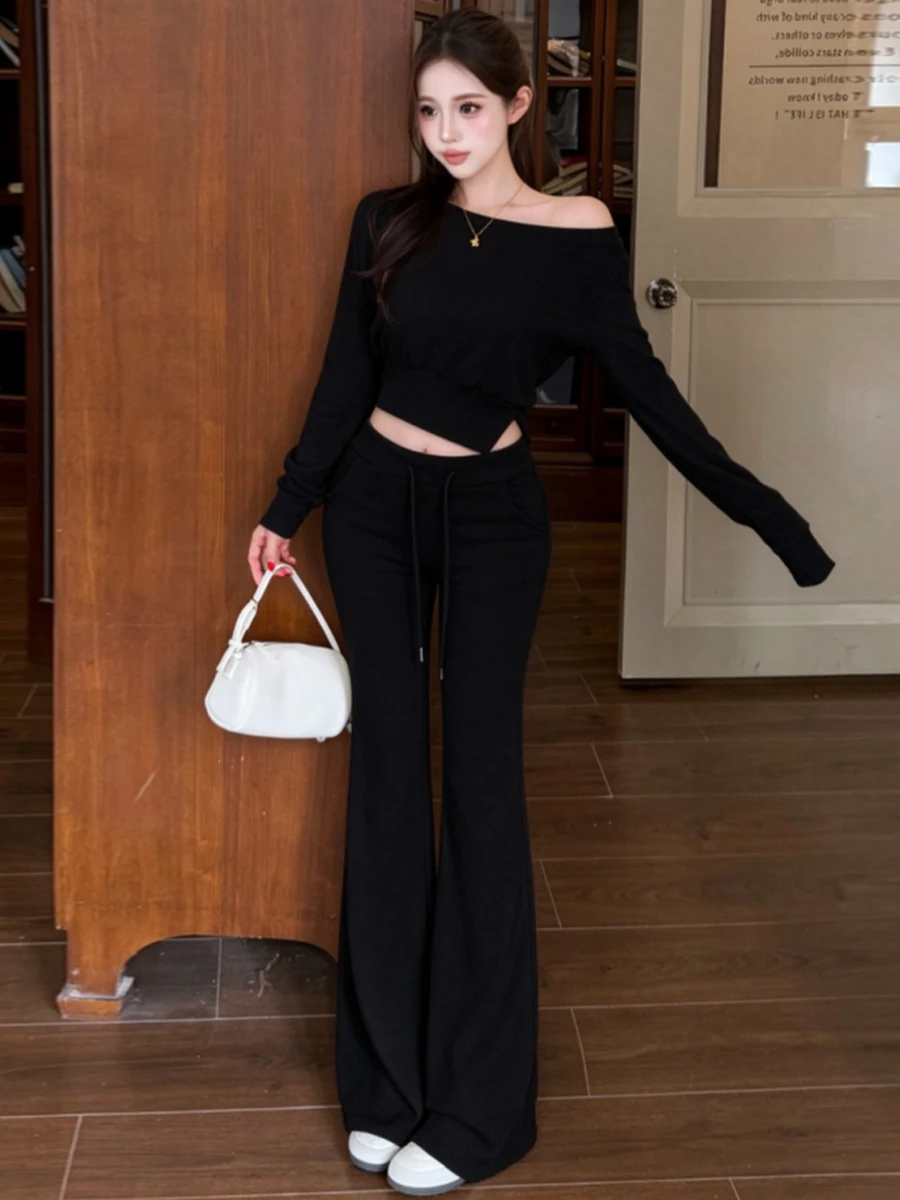 Casual Fashion Sexy Side Shoulder Design Small Slit Hooded Long Sleeve Slim Wide Leg Straight Long Pants Set for Women