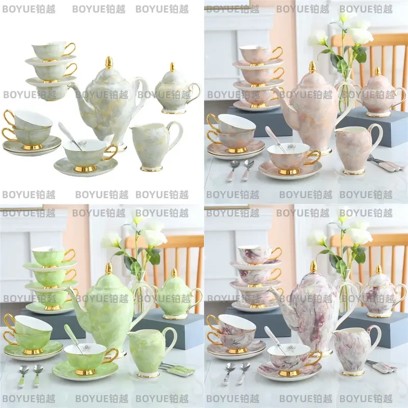 Nordic Marble Bone China Coffee Set Hand Painted Gold Large Capacity Pot Cup Saucer Spoon Elegant Tableware for Home Kitchen
