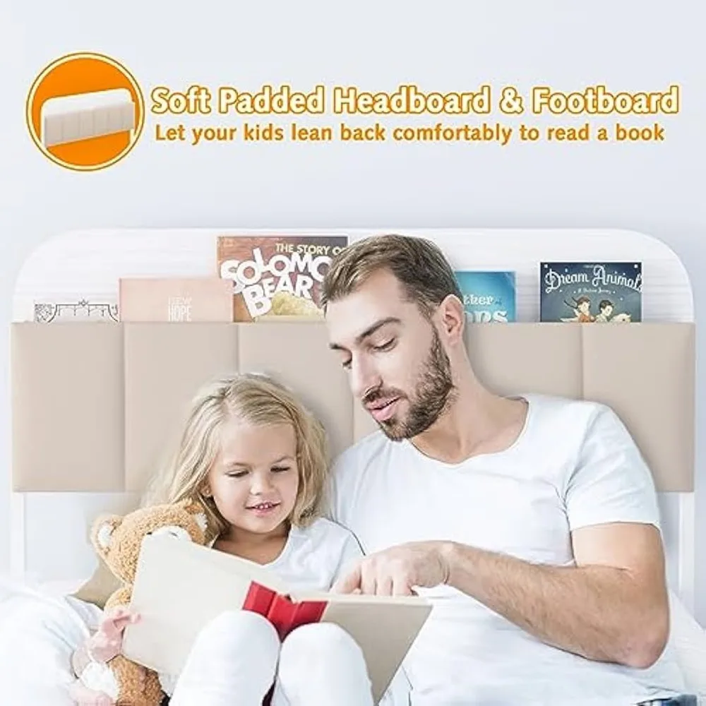 Timy Kids Twin Bed Frame Met Boekenkast Hoofdeinde, Metalen Platform Bed Frame Met Gestoffeerd Hoofdeinde Voor Jongens Meisjes Tieners