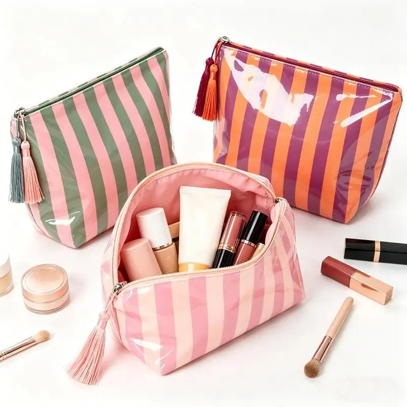 Portable Fringed Travel Toiletry Bag Glossy Striped Cosmetic Organizer 1PC for Home Makeup Sorting Use