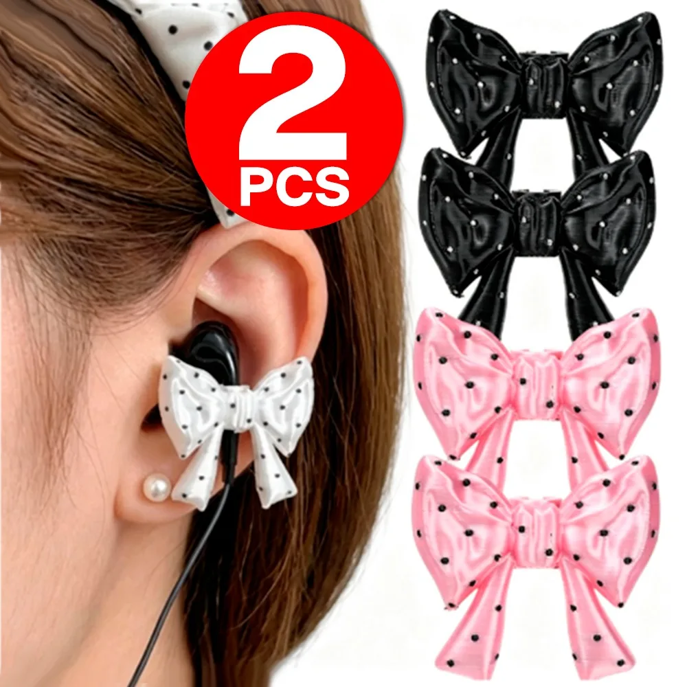 A Pair of Polka Dot Bow Wired Wireless Headphone Decoration Custom for Apple Earphones PVC Material Cute Earphone Accessories