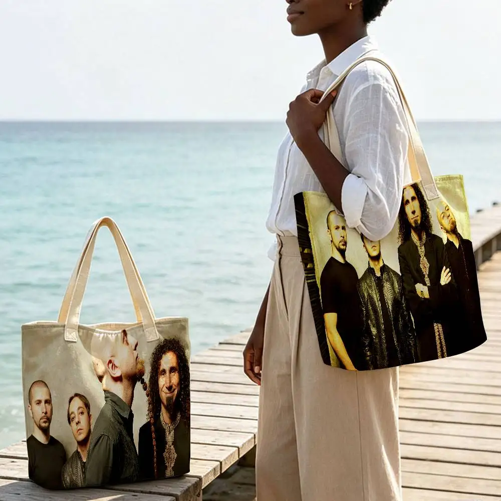 S-System O-of A D-Down Band Reusable Shoulder Handbag Linen Blend Cotton‑Polyester Fabric Double‑Sided Tote Bag Storage Bag