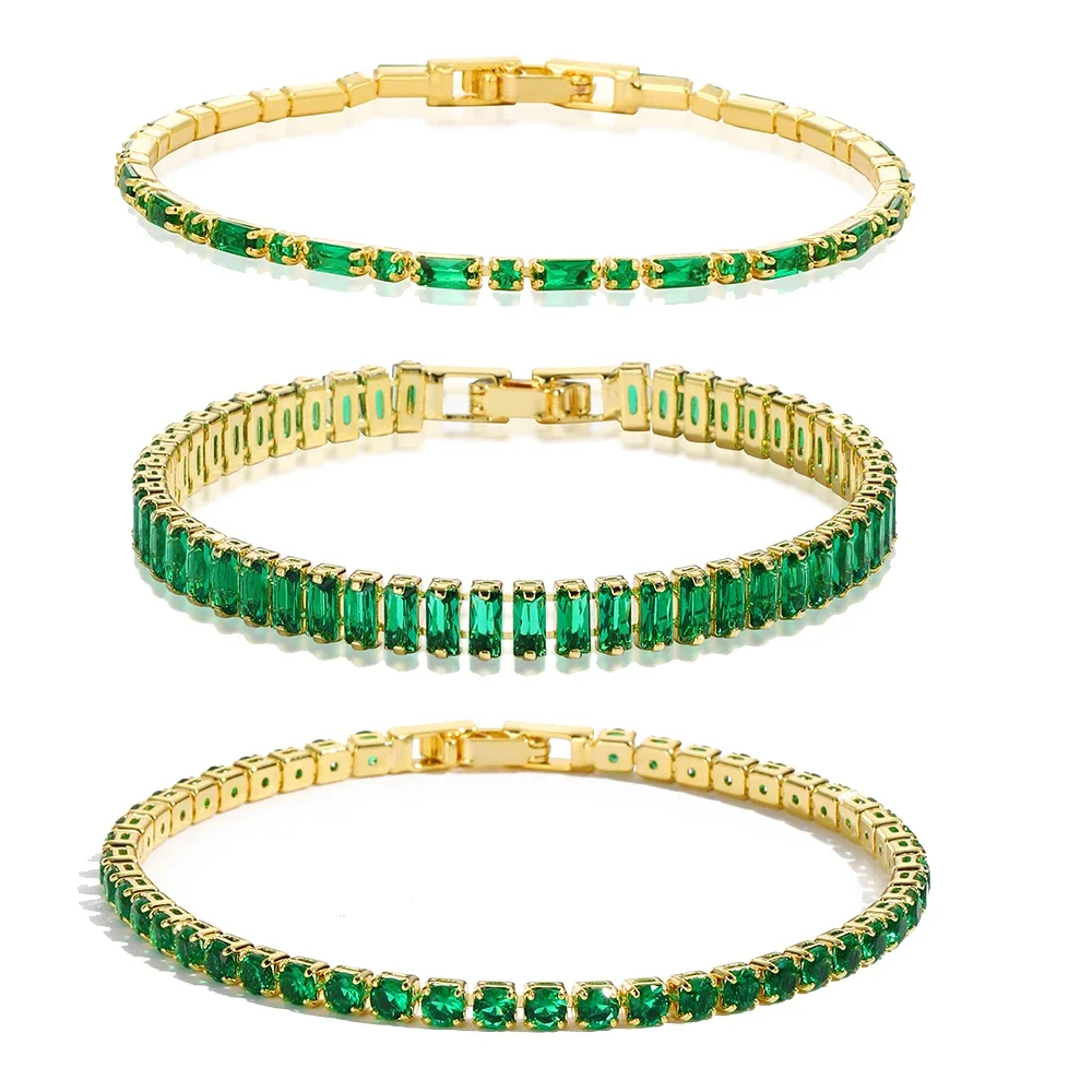 Luxury Emerald Cubic Zirconia CZ Tennis Bracelets for Women 18K Gold Plated Charm Green Female Bangles Wedding Jewelry Gift