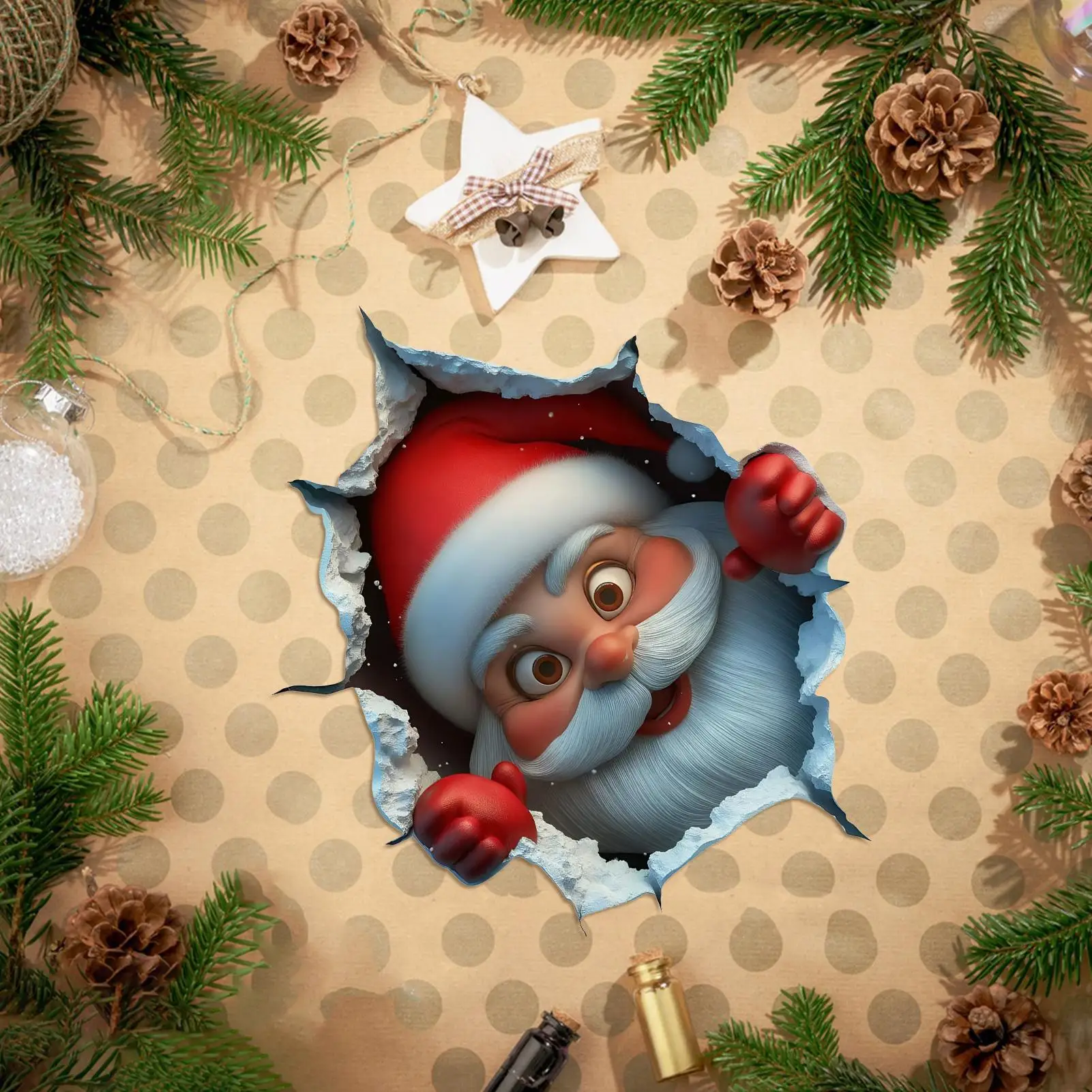3D Christmas Wall Stickers Vinyl Santa Claus Break-Through Wall Decal Elk Deer Cartoon Holiday Decoration Home Living Spaces
