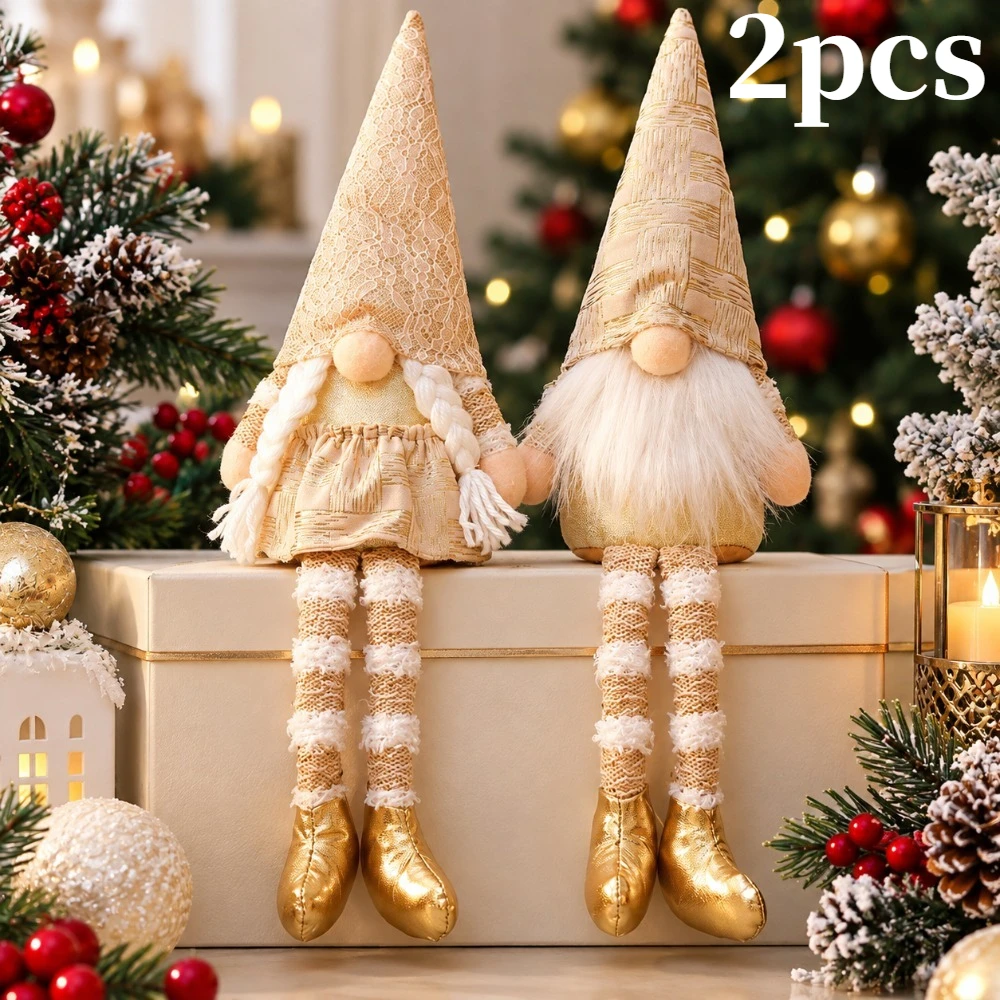 2 pieces of golden Christmas long-legged collectible figurines suitable for 3 different scenes. Ideal for holiday collection, Ch