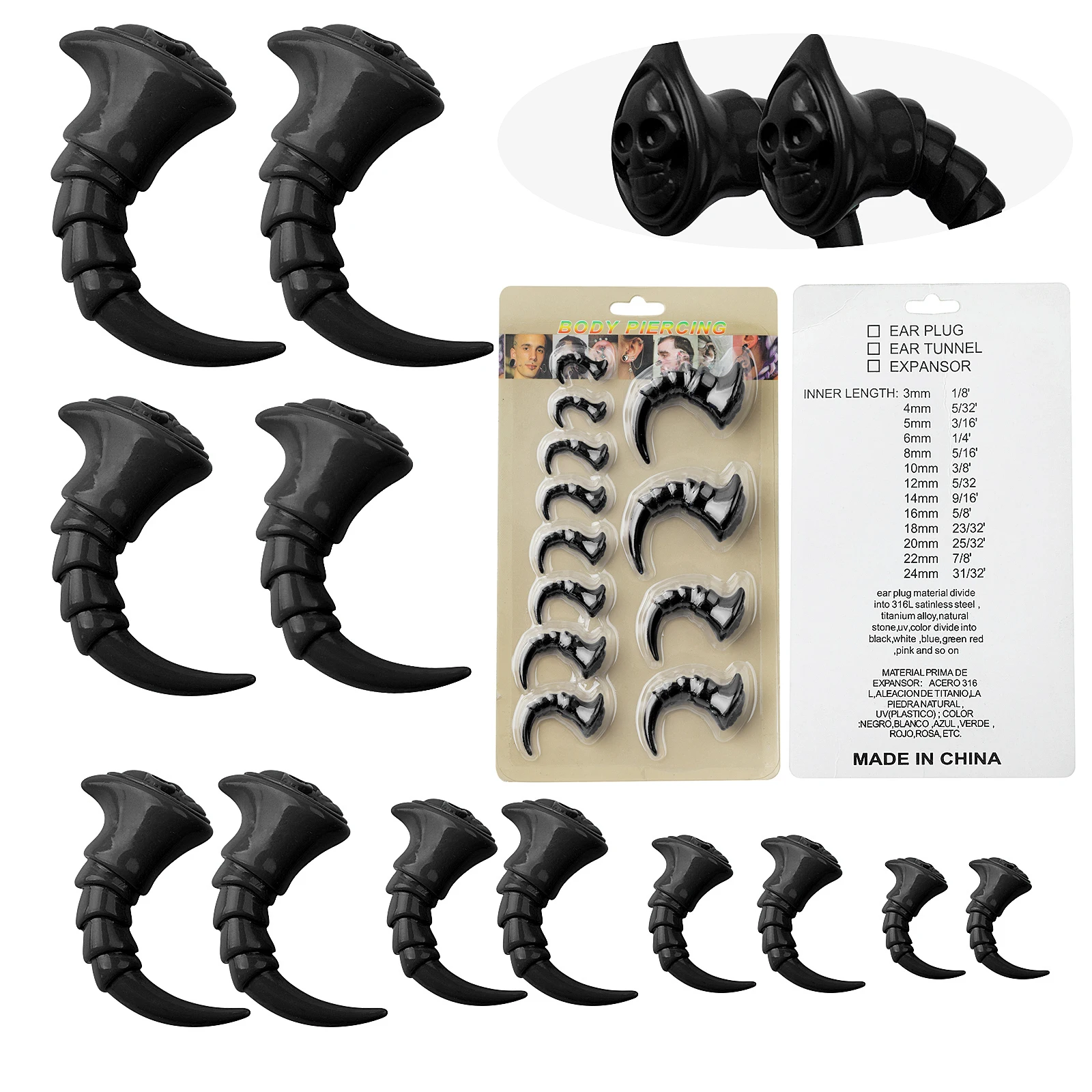 6pcs-12pcs Set of Acrylic Spiral Horn Skull Ear Tapered Stretch Dilator Pierced Ear Support Earplugs Body Piercing Jewelry