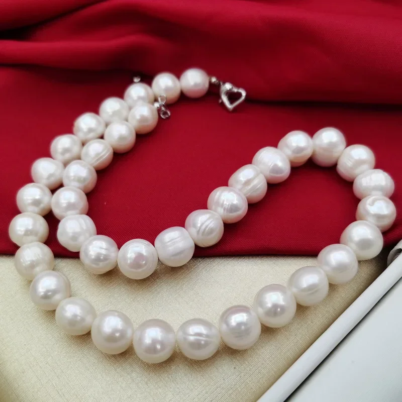 Big 11-13mm Natural 100% White Freshwater Pearl Necklace 18“inch & 925 Sterling Silver Clasp For Women‘s Jewelry Gift