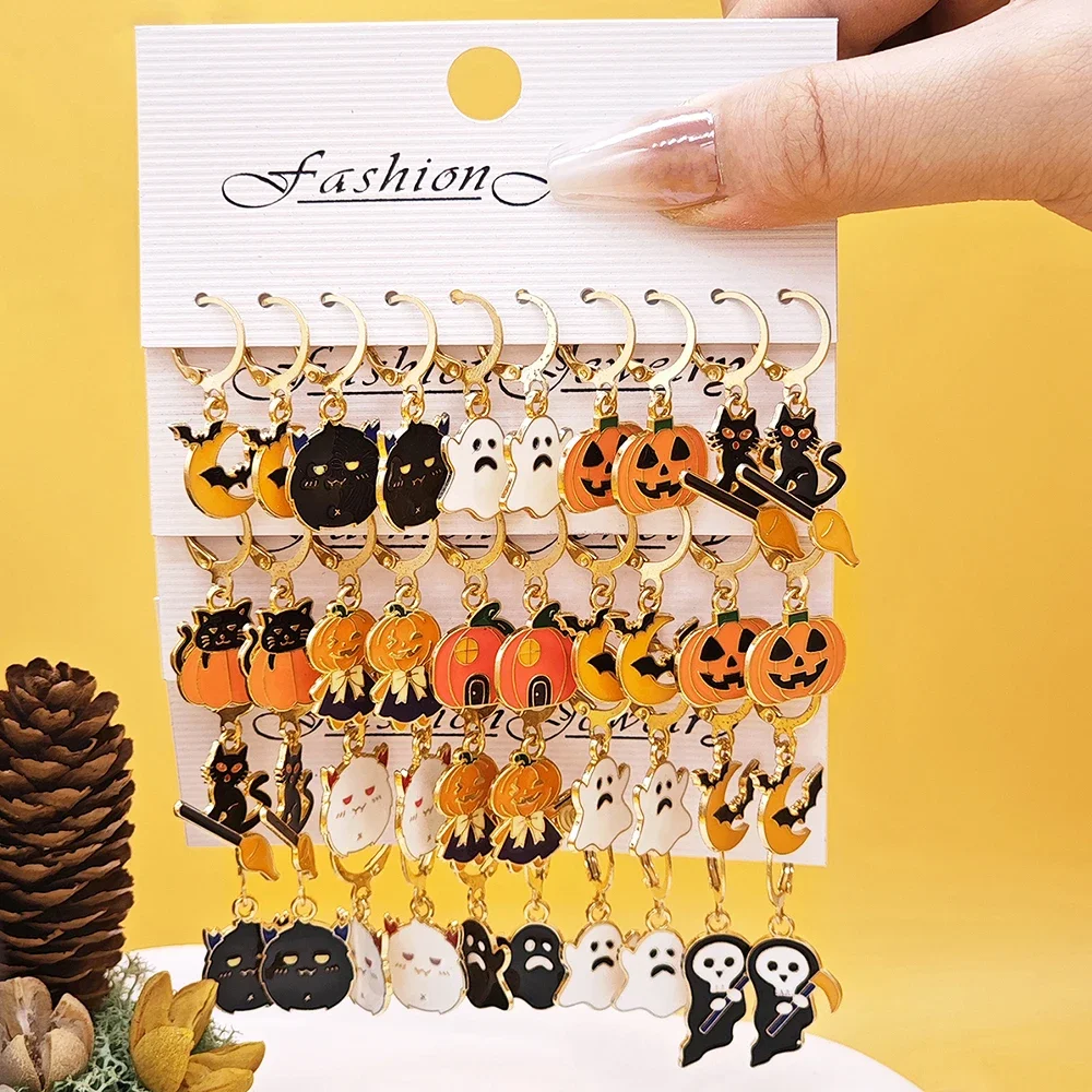 10PCS Halloween Series Earrings with Horror Alloy Oil Drop Pumpkin Bat Spider Web Ghost Earrings Set for Women Jewelry Gifts