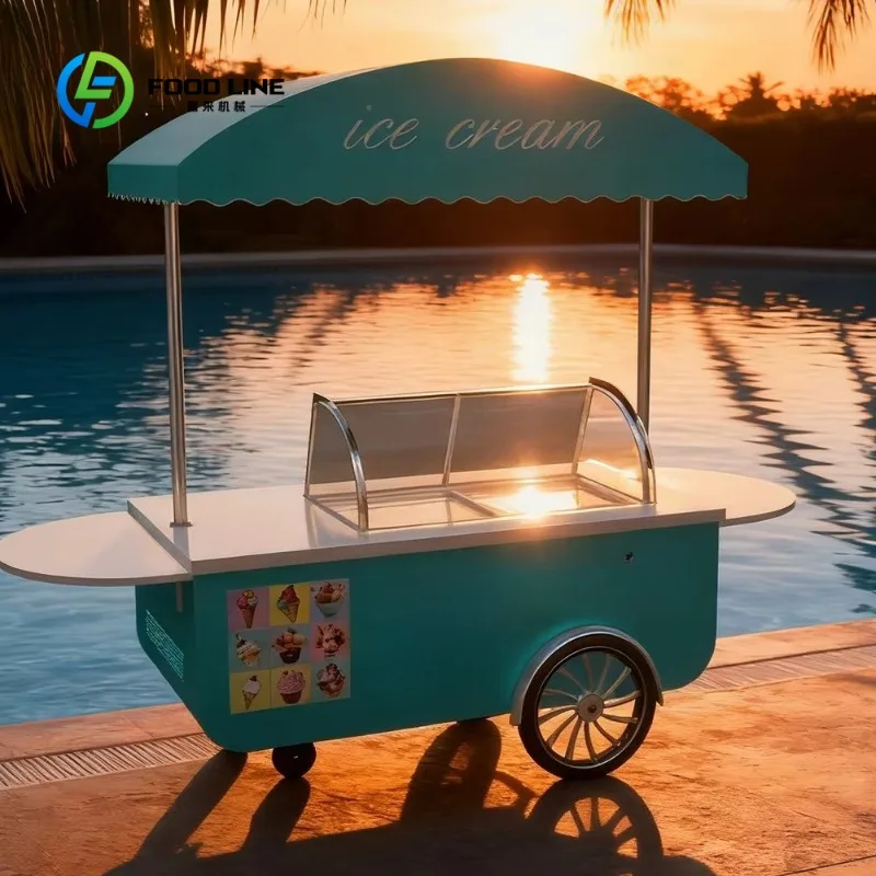 Customized Ice Cream Hand Push Cart Curved Glass Gelato Display Mobile Cart for Street Park Outdoor Gelato & Popsicle