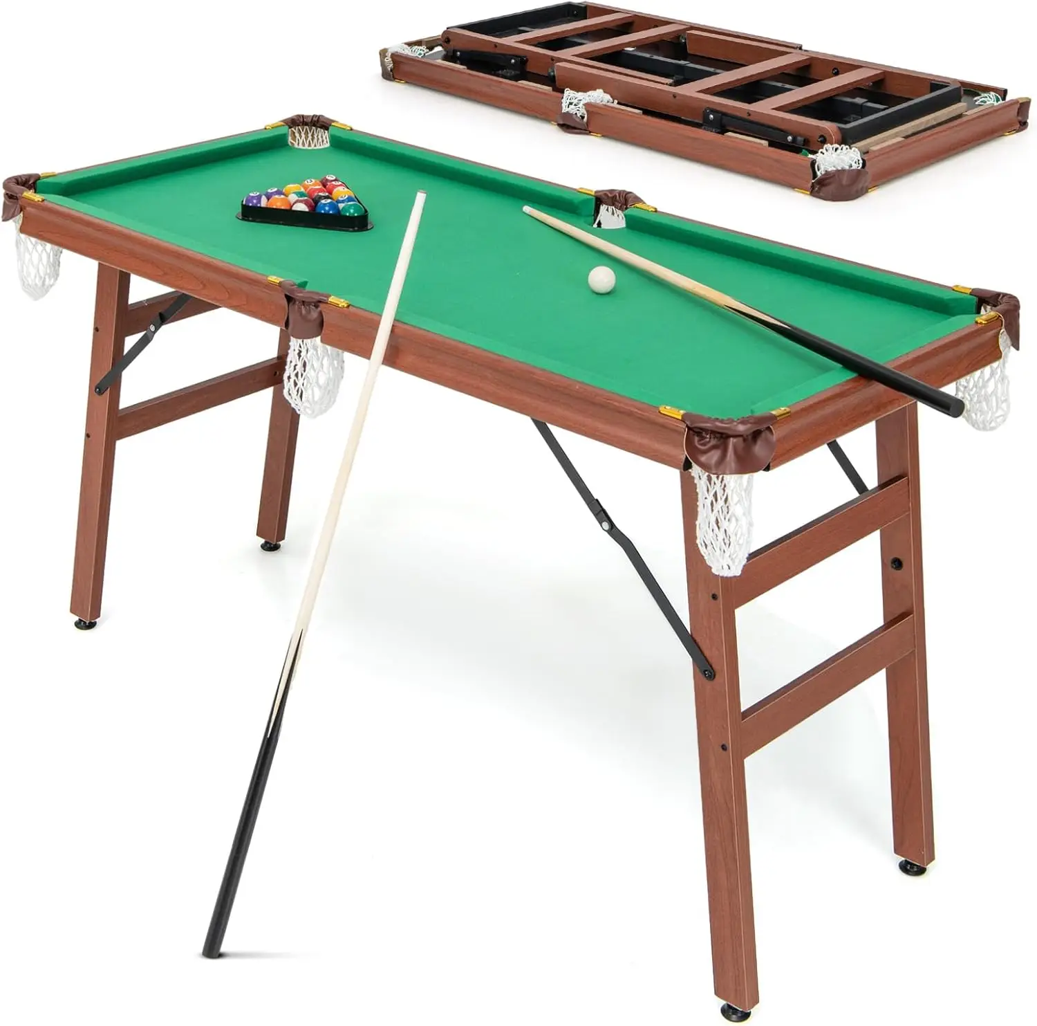 55’’ Pool Table Set, 2 Cue Sticks, 16 Balls, 2 Chalks, Triangle, Foldable Legs, Portable Game Table for Kids Adults Family Game