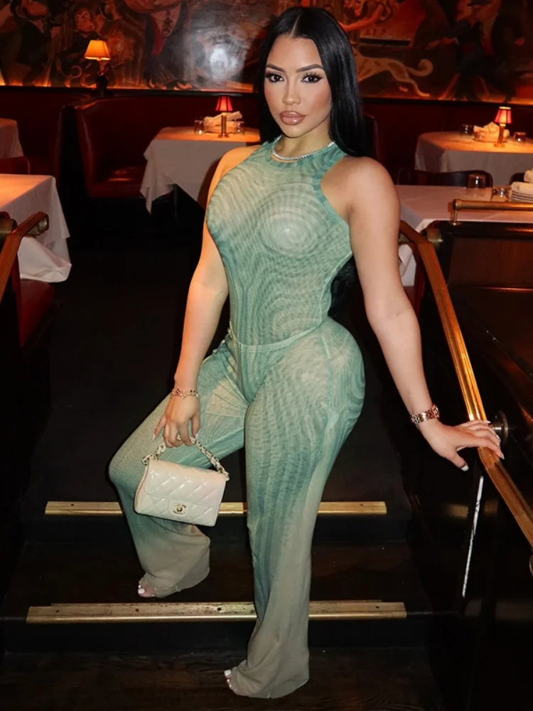 

Sister Star Fashion Casual Slim Geometric Print Round Neck Sleeveless Jumpsuit Wide Leg Pants Nightclub Party Two-piece Set