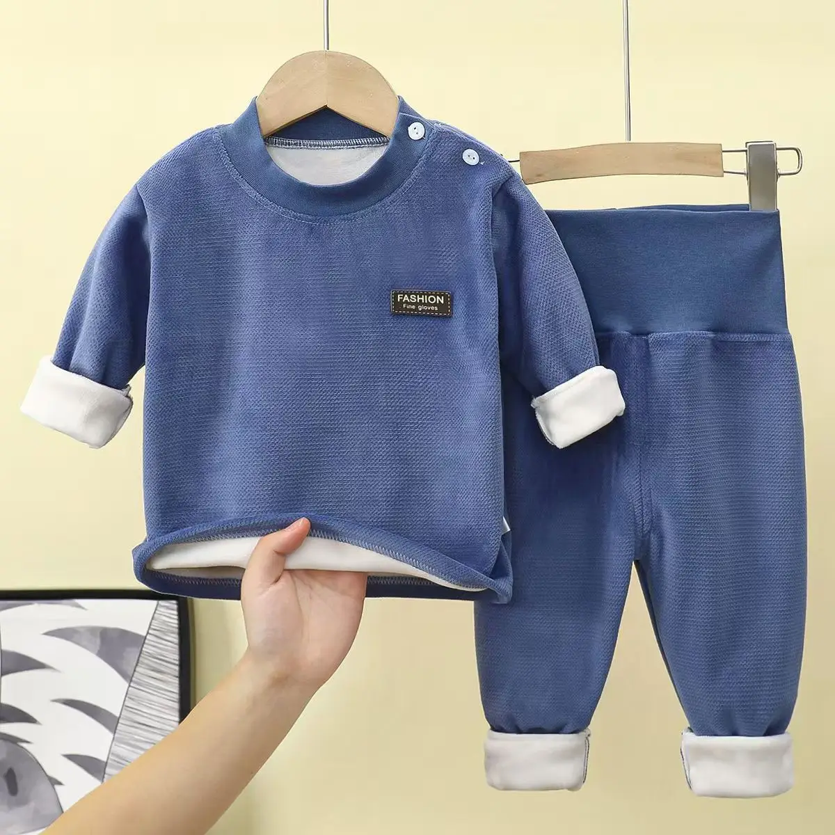 Herbst Winter Baby Plüsch Fleece Verdickte Thermo-unterwäsche Sets 0-4Y Kind Junge Mädchen Hohe Taille Warme Homewear Top und Hosen Outfit – Detail 4
