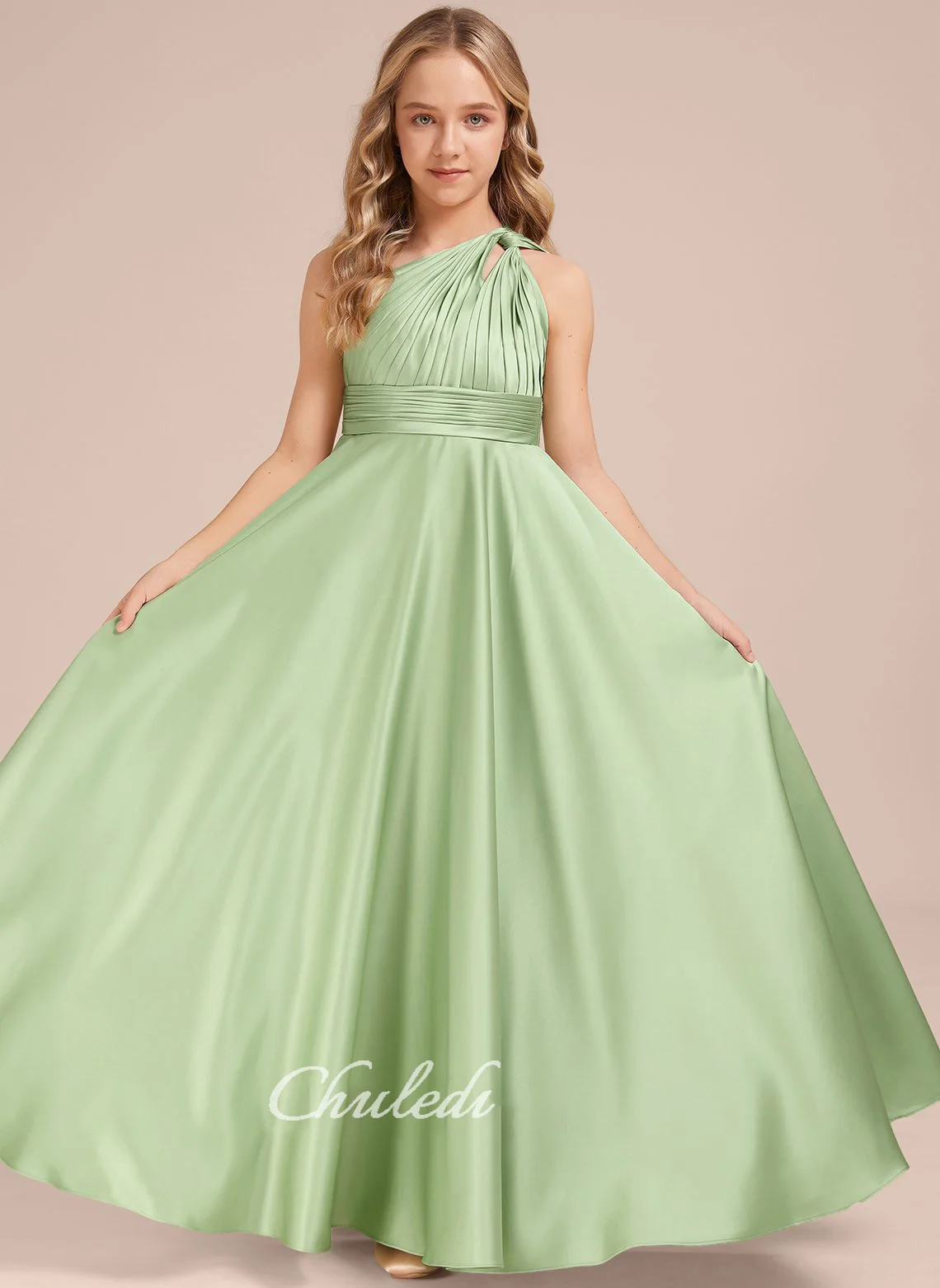 A-line One Shoulder Floor-Length Satin Junior Bridesmaid Dress