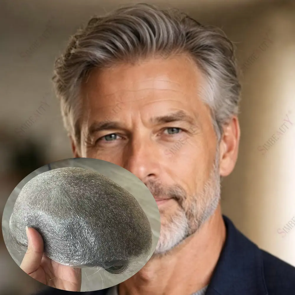 Invisible Hairline V-Loop 0.02mm Ultra Thin Skin 80%Density Human Hair Men Toupee 1B20 1B65 1B80 Grey Hair System for Older MEN