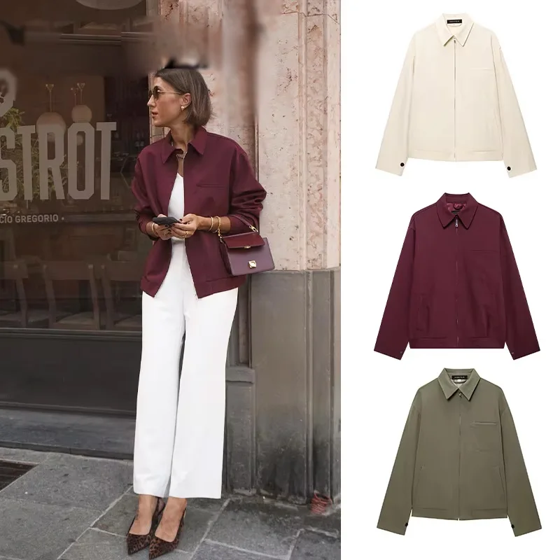 2025 여성용 솔리드 와인 레드 재킷 코트 긴 소매 지퍼 크롭 탑 여성 캐주얼 시크 탑 여성 패션 하이 스트리트