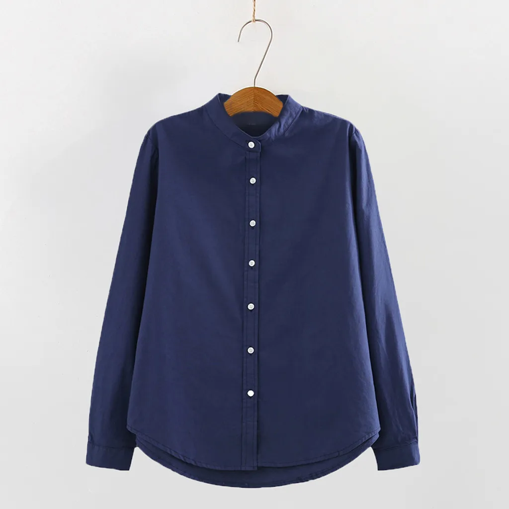 Dark Blue Stand Collar Women Shirts Navy Long Sleeve Blouses Streetwear Casual Button Shirt Tops Scamisas E Blusas