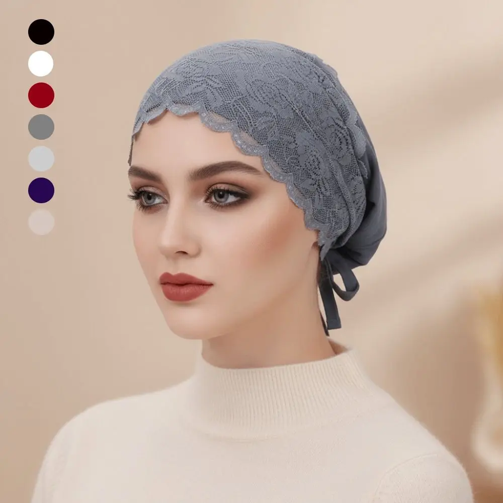 Fashion Elegant Turban Hat Solid Color Elastic Hijab Cap Breathable Tie Straps Under Scarf Caps Female Head Covering