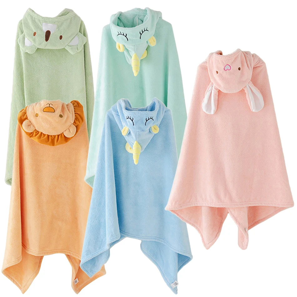 

Suitable for all seasons Baby Coral Plush Cartoon Solid Color Cloak Baby Water Wave Pattern Windproof Hooded Shower Towel New