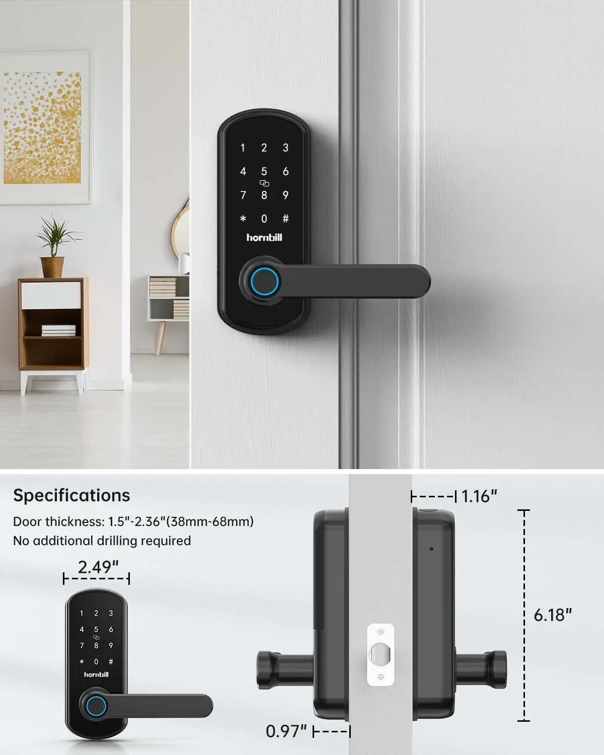 Hornbill Fingerprint Smart Door Lock Biometric Electric Digital Password Locks Keyless Entry Door Handle Security For Home Safe