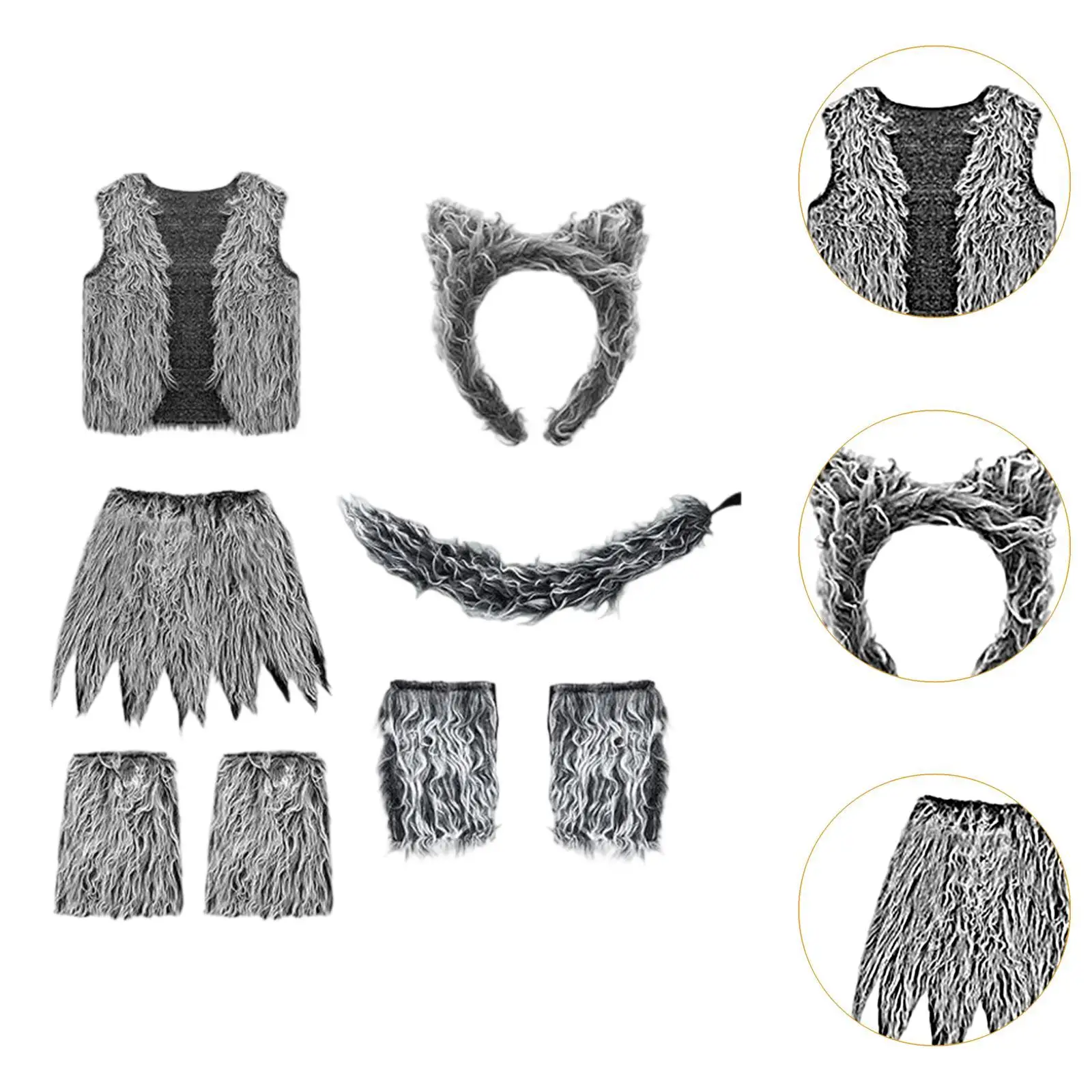 

Kids Halloween Wolf Costume Cosplay Set Plush Headband Tail Vest Skirt Performance Accessories for Party