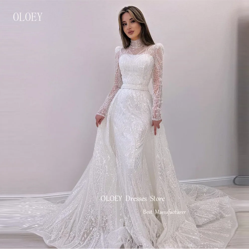 OLOEY Shiny Glitter Lace Mermaid Wedding Dresses With Detachable Train High Neck Luxury Women Bridal Gowns Vestidos de noiva