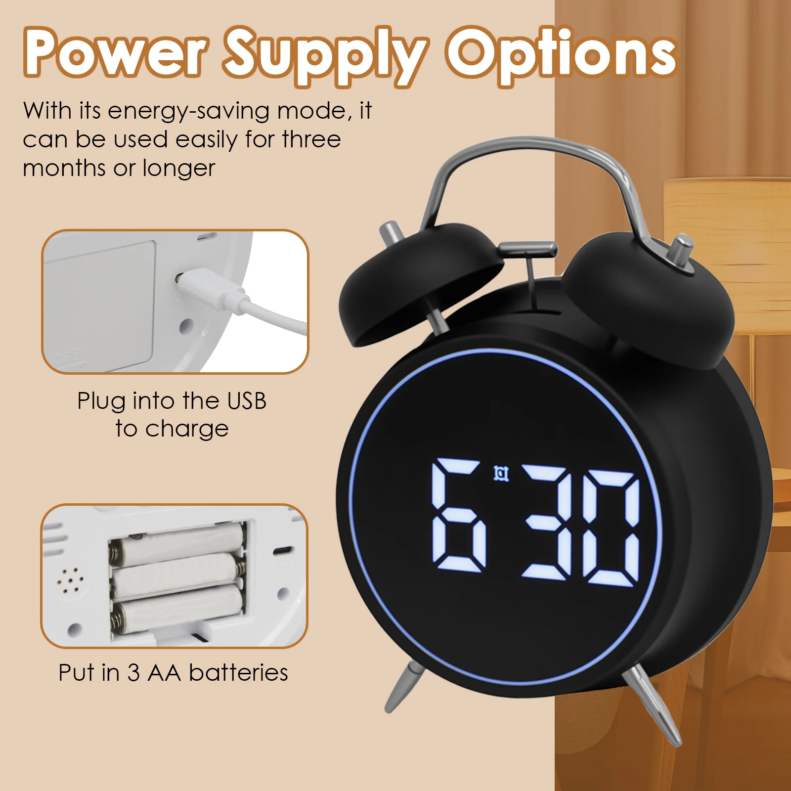 Digital Twin Bell Loud Alarm Clock Metal Frame 3D Dial with Backlight Battery Operate Desk Table Alarm Clock For Home and Office