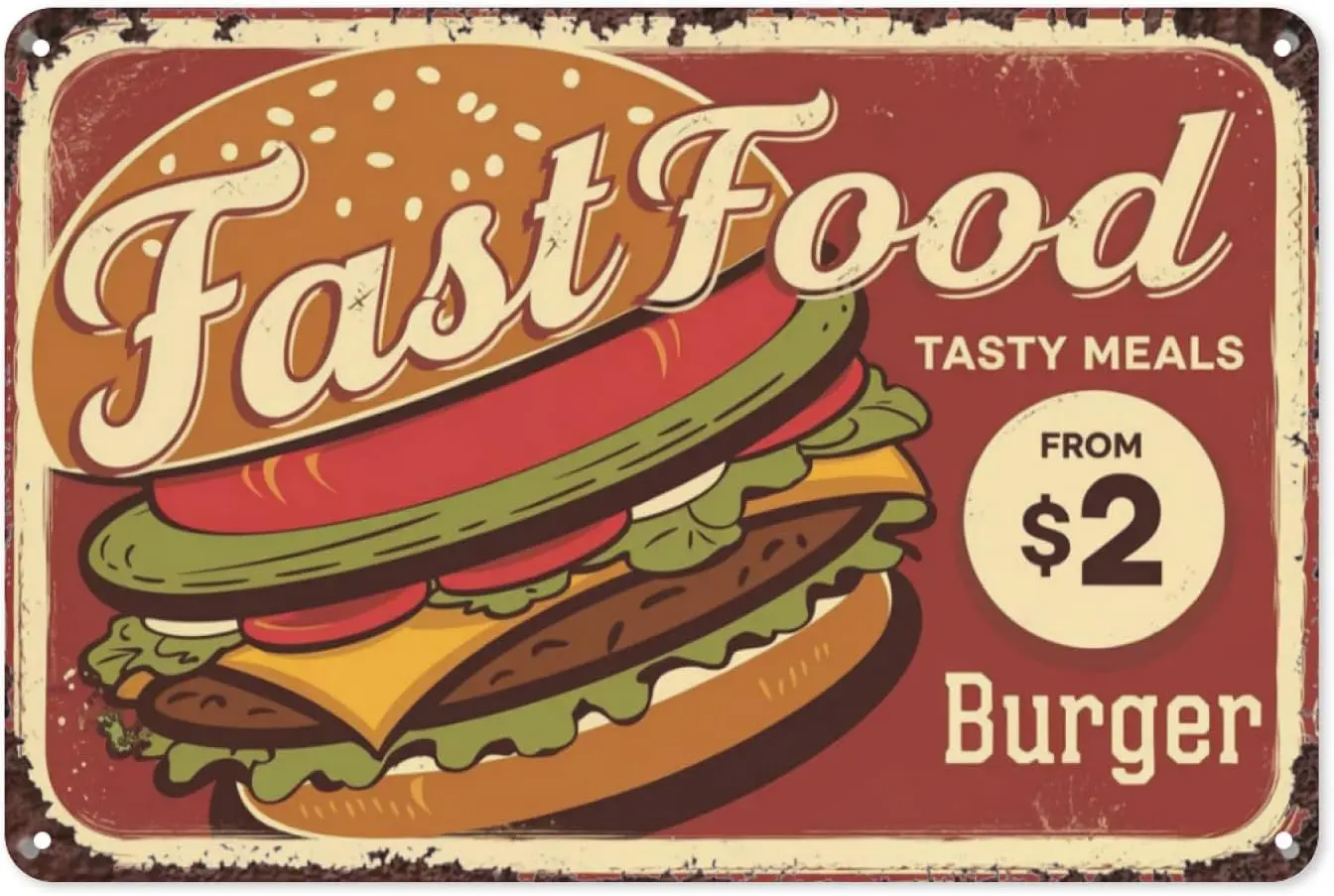 【Burger Delights】Retro Fast Food Tin Sign 8X12IN - Vintage Diner Style Metal Wall Decor for Kitchen/Patio, Funny Restaurant sign