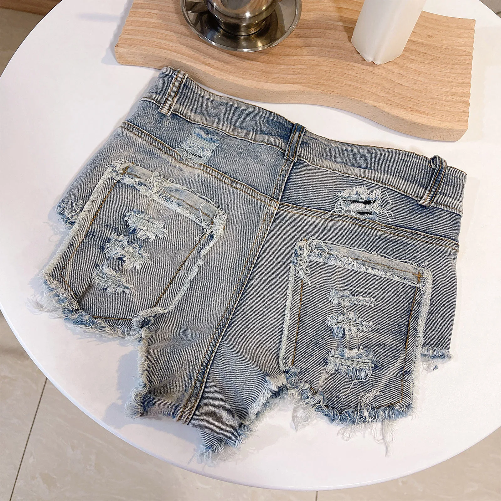 Men's Low Rise Ripped Denim Micro Shorts Raw Trim Distressed Mini Shorts Hot Pants for Rave Party Casual Beach Party Clubwear