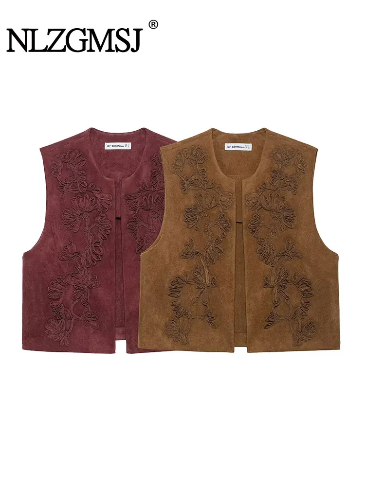 

2025 Spring Women's Solid Short Vests Suede Vest For Woman Fashion Embroidery Decoration Cropped Top Casual Waistcoats