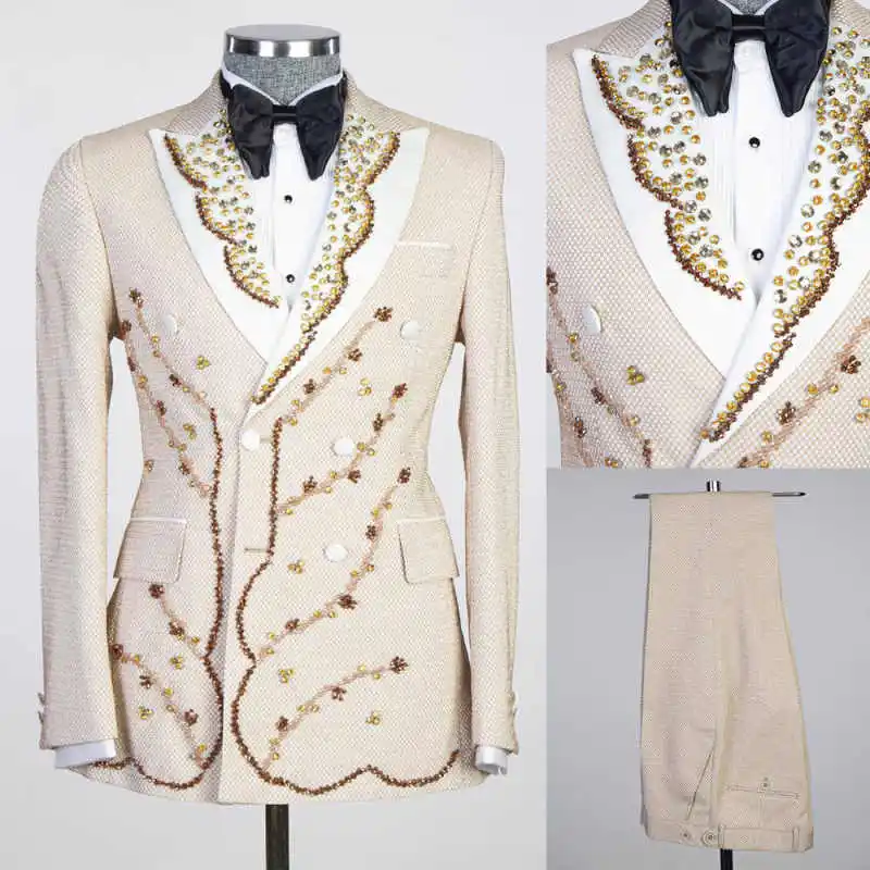 

Luxury Men Suits 2 Pieces Peaked Lapel Double Breasted Pant Sets Crystals Groom Wedding Tuxedos Customized Jacket