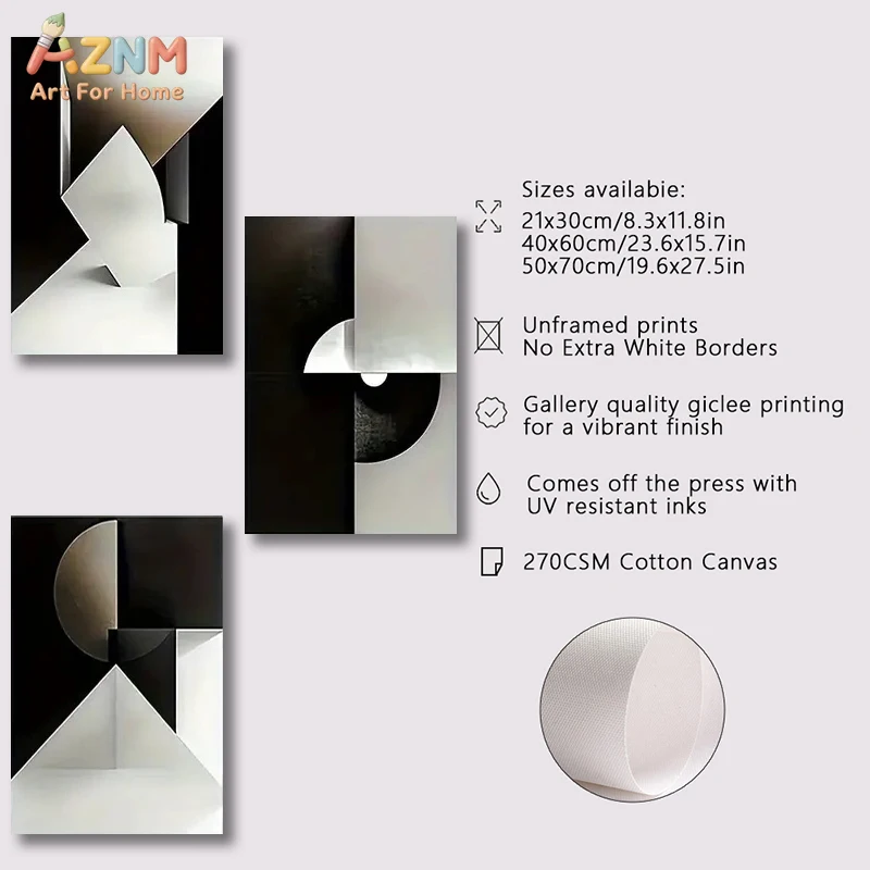 3PCS Modern Abstract Black White 3D Geometric Shapes Canvas Wall Art Prints Minimalist Monochrome Geometry Unframed Canvas Paint