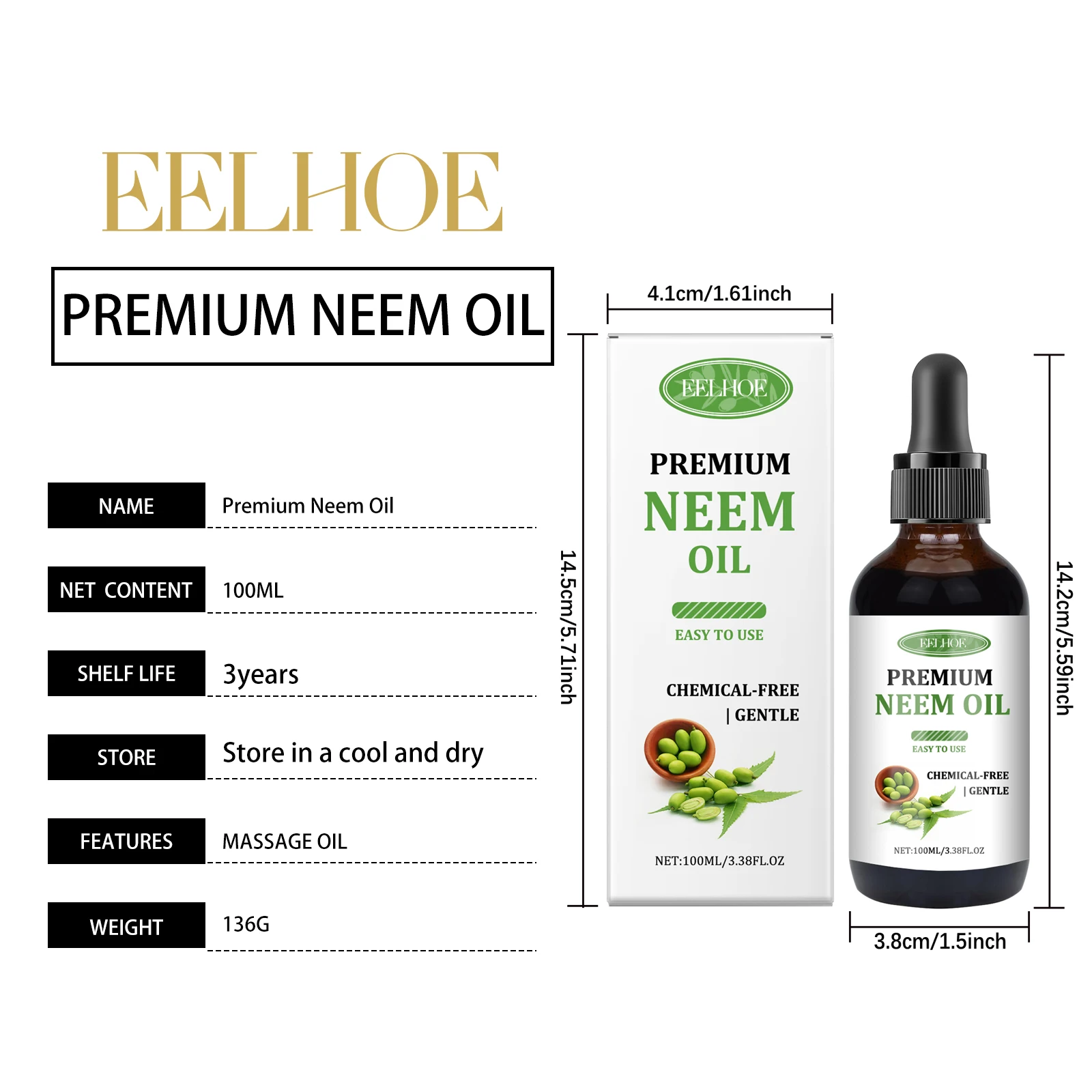Description Picture 3 of itemUSDA Certified Organic Neem Oil (4 Ounce) 100% Pure Natural Oil, Hair Growth, Skin & Body Care,ails, Acne, Anti-Aging Moisturize