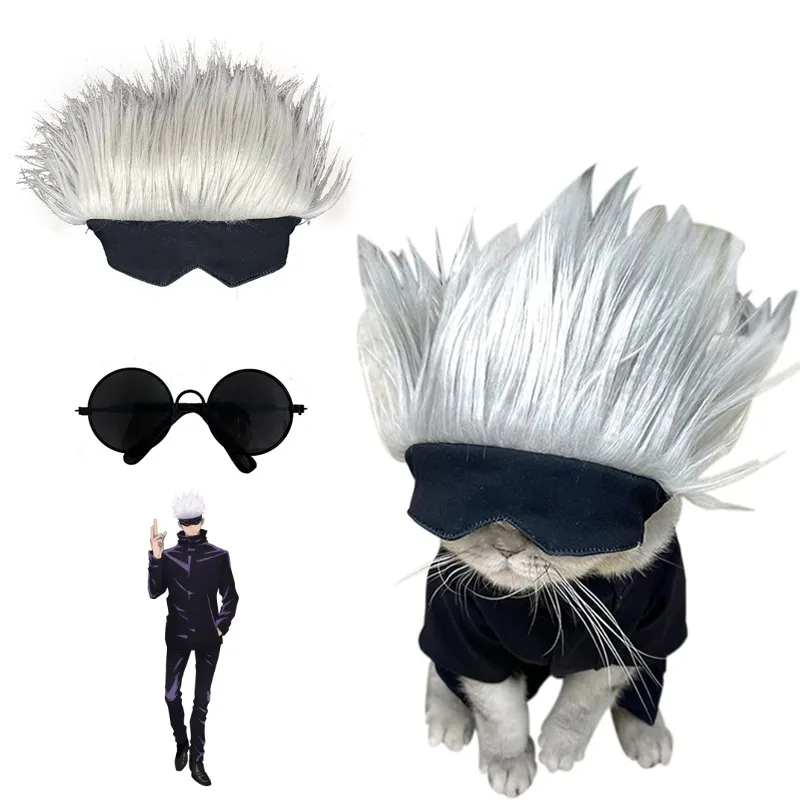 

Gojo Satoru Pet Costume Cat Cosplay Dress Up Sunglasses Anime Wig Eye Mask Funny Dog Cat Headgear Halloween Party Photo Props