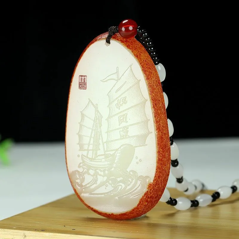 

Natural Red Skin and White Jade Hand-carved Sailboat Pendant Boutique Jewelry Men and Women Models Smooth Sailing Necklace Gift