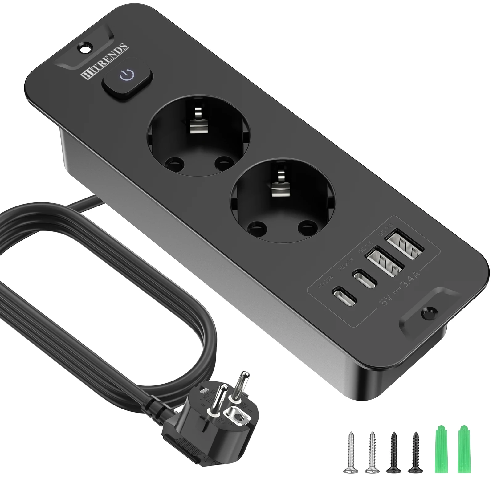 Eu-stekker Desktop ingebouwd voedingsbord 2/3 AC-stopcontact 2 USB2 Type-C oplaadadapterpoort 2 m verlengkabel wit zwart - afbeelding 1