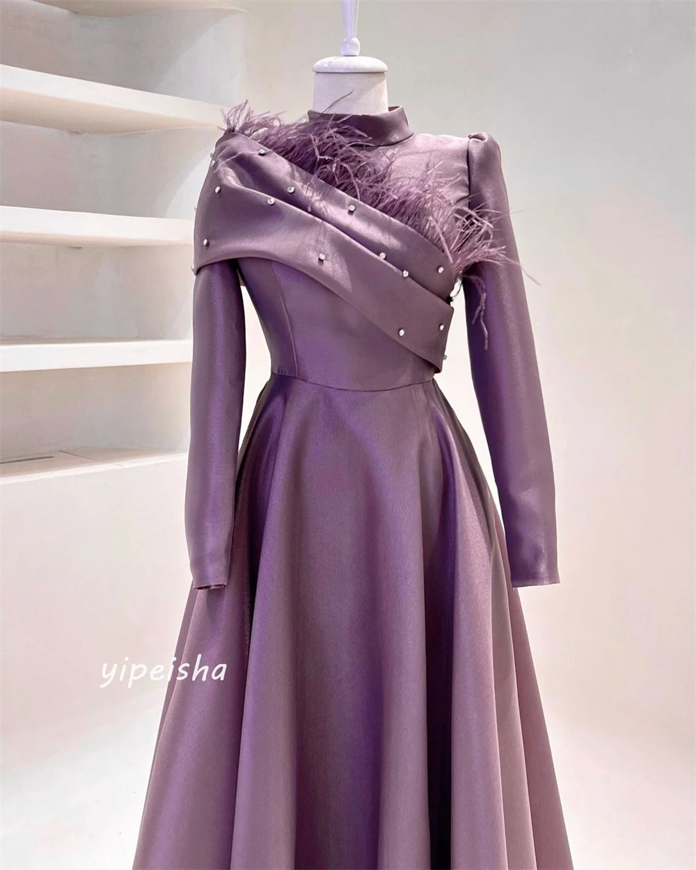 Robe de Fiançailles Trapèze en Satin Froncé à Paillettes pour Femme, Tenue de Soirée à Col Haut, sur Mesure, Arabie Saoudite