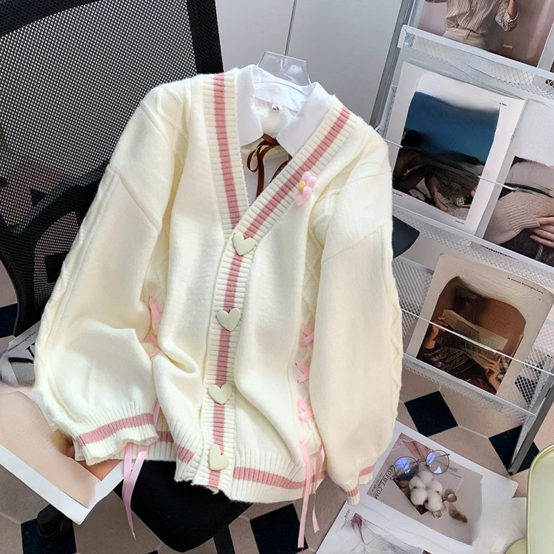 OCEANLOVE Stripes Preppy Style Women Sweaters V Neck Autumn Winter Kawaii Loose Cardigans Sweet Contrast Color Sueteres