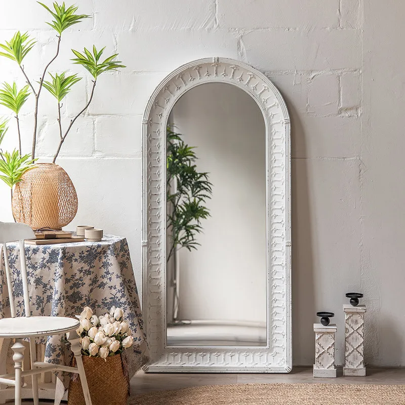 French decorative mirror retro old wrought iron arched carved cream wind floor mirror household full body dressing mirror
