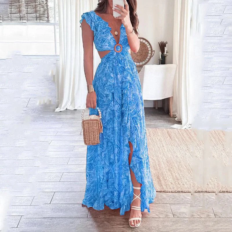 Sexy Deep V Neck Cross Hollow Party Dress Spring Floral Print Ruffles Split Long Dress Women Sleeveless Loose Summer Beach Dress