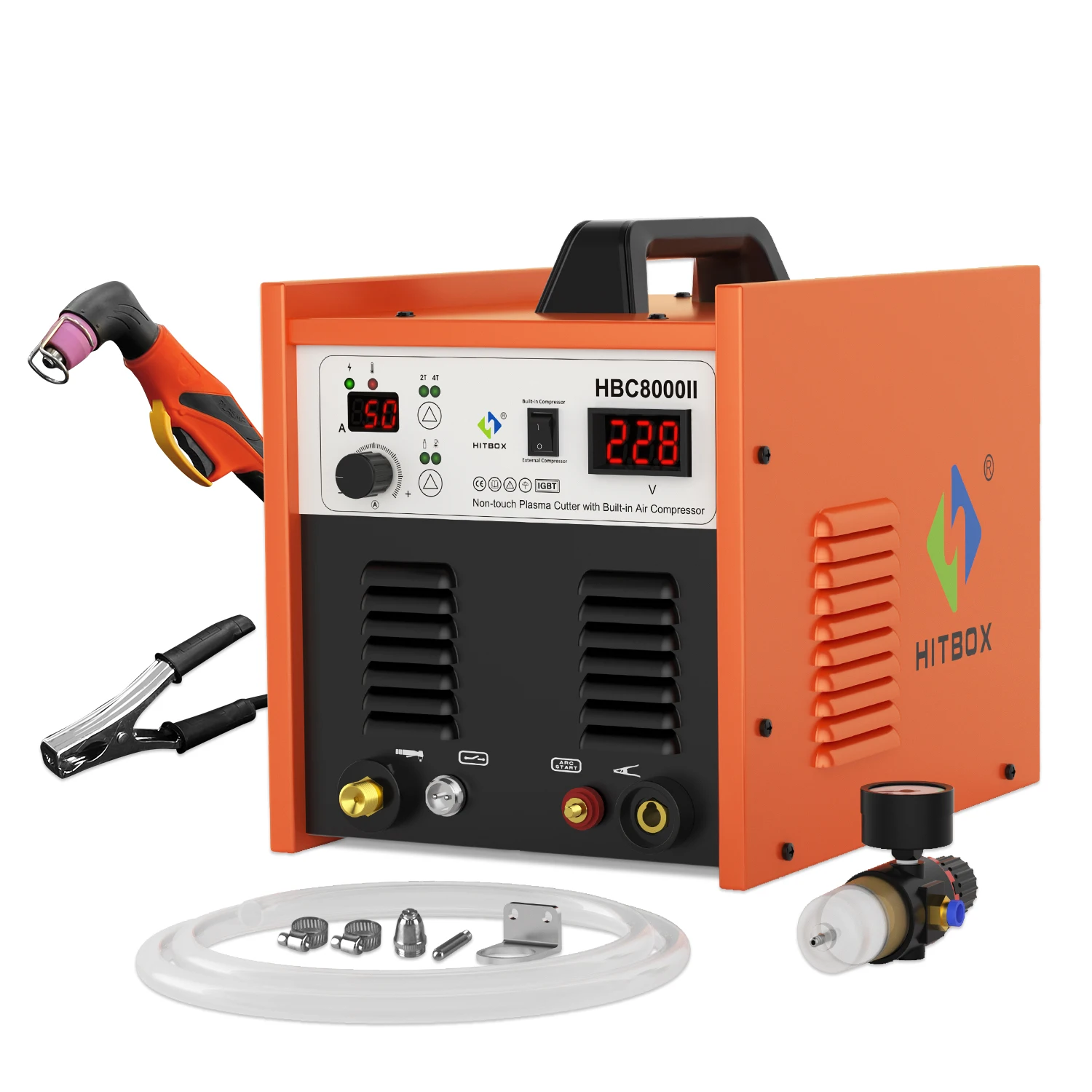 A HBC8000II HITBOX Plasma Cutter With Built In Air Compressor Also External Non-Touch Pilot Arc 50Amp 220V Digital Inverter IGBT