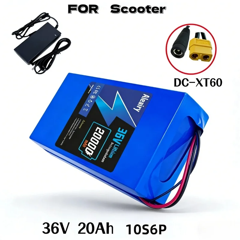 Upgraded 36V 20Ah 10S6P Li-ion Rechargeable Battery Built-in BMS Protection with 42V Charger for Bicycle Scooter Use