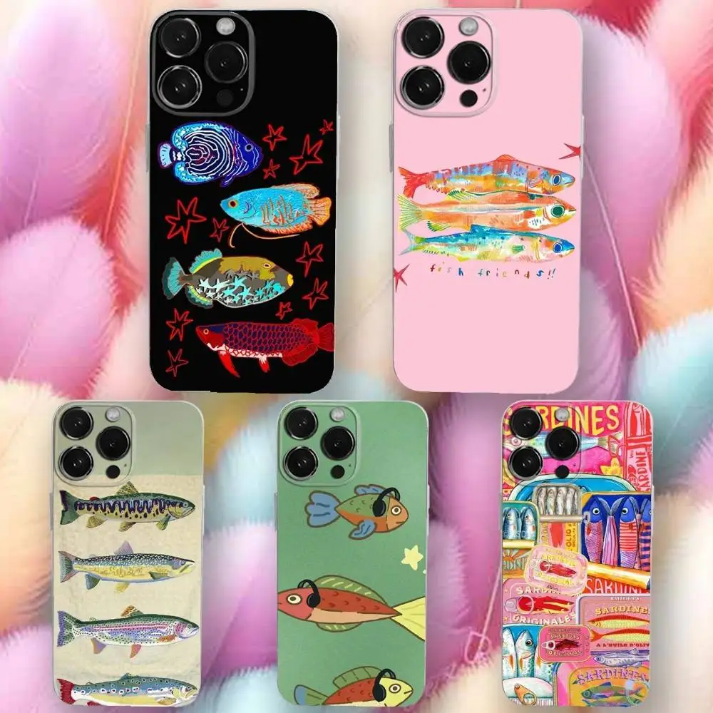 

Fish Art Painting Phone Case For iPhone 16,se4,15,14,13,12,11 Plus,Pro,Max,XR,XS,X,Plus,SE,Mini Transparent Soft Cover