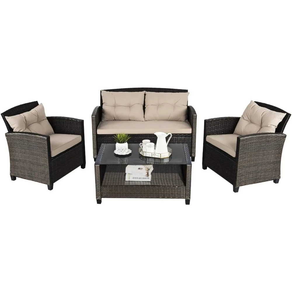 

4-Piece Outdoor Rattan Furniture Set, PE Rattan Wicker Sectional Sofa with Loveseat Chair & Glass Table, Patio Cushioned