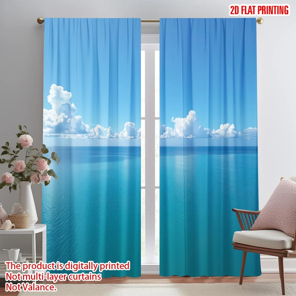 

2D flat printing 2pcs Window Curtains Calm Ocean and Sky Digital Printed Polyester Drapes Festive Holiday Perfect for Photo