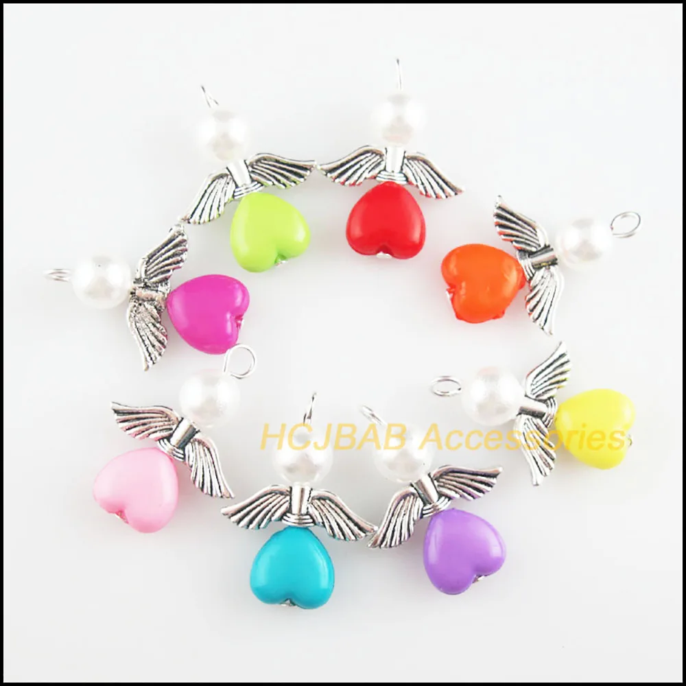 16Pcs New Charms Tibetan Silver Plated Angel Mixed Acrylic Heart Pendants DIY J051