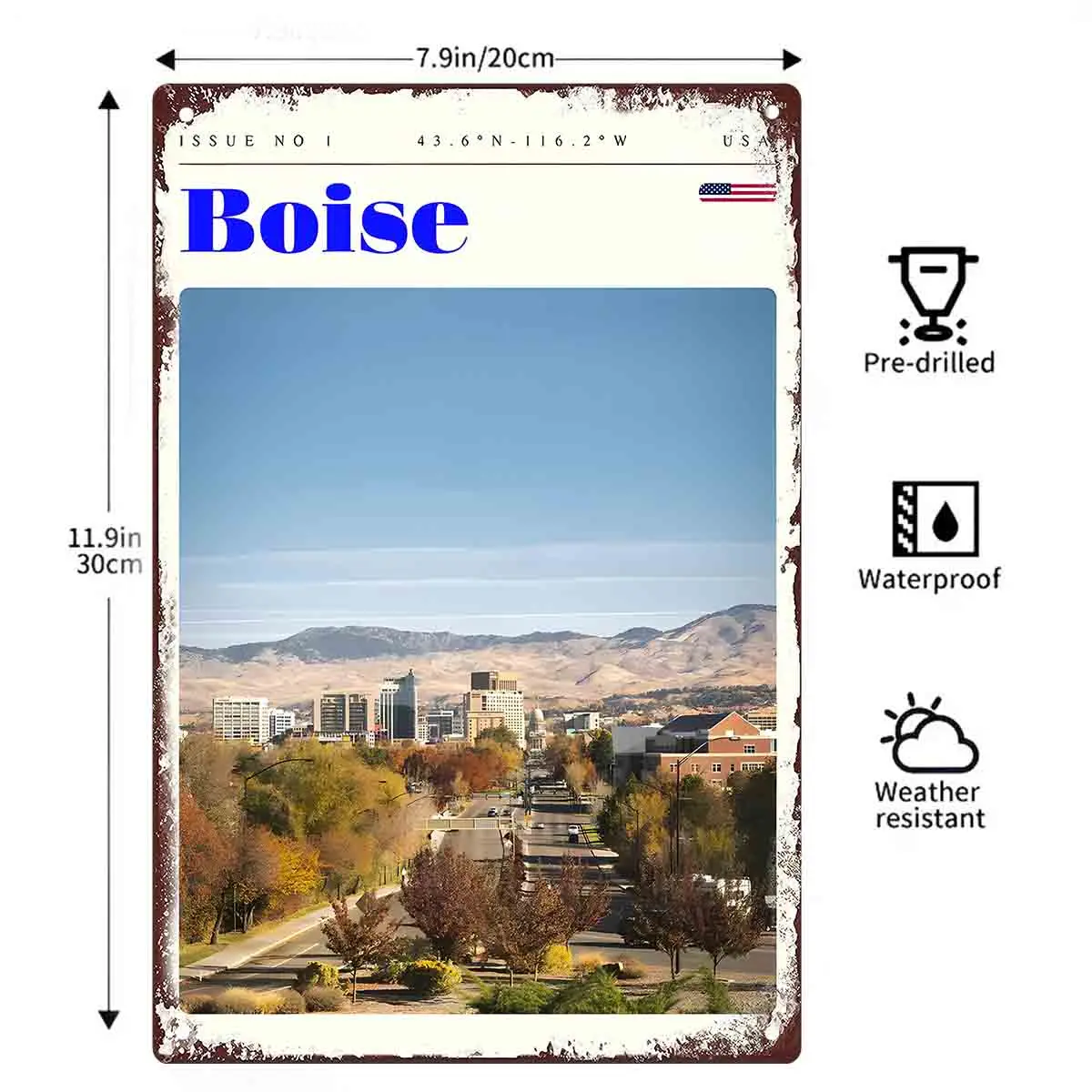 2D FLAT 1pc Boise City Skyline Retro Travel Poster Metal Wall Sign Decoration for Home Cafe Garage Bedroom Porch And Garden