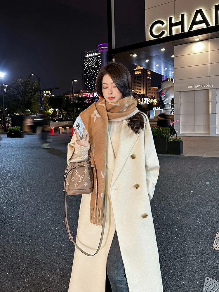 

Double-Sided Camere Woolen Coat Women's Winter Faion Slimming Korean Sle Long Sve Suit Collar Double-Button Closure